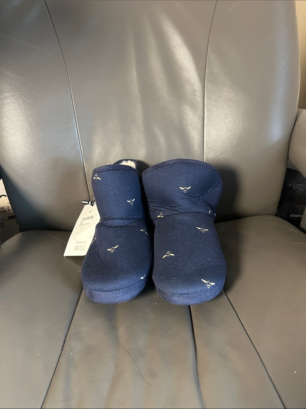 Joules Cabin Navy Bee Print Bootie Slippers